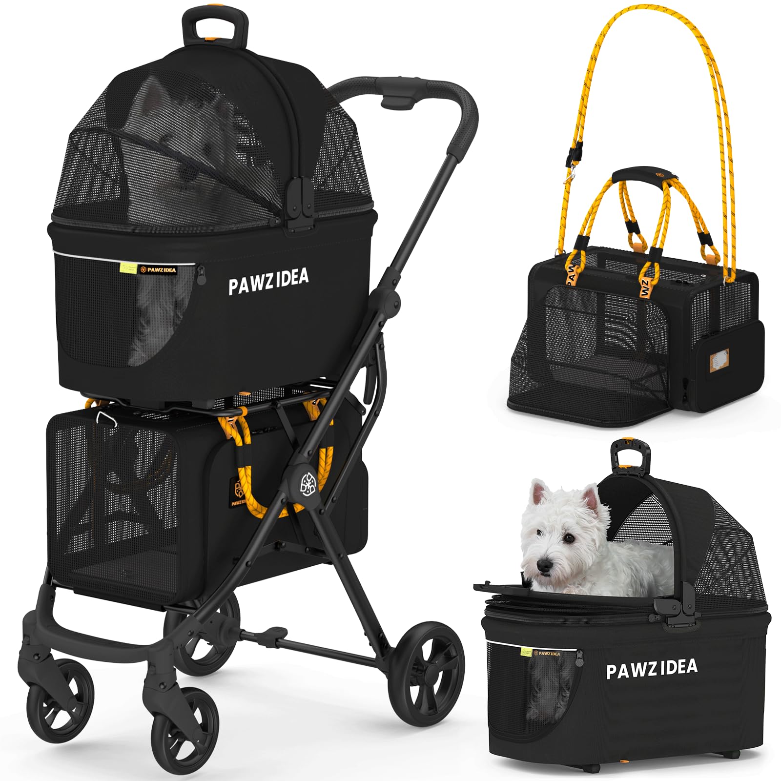 PAWZIDEA Double Pet Stroller for 2 Cats Airline Approved Cat Stroller with Removable Carrier Bag