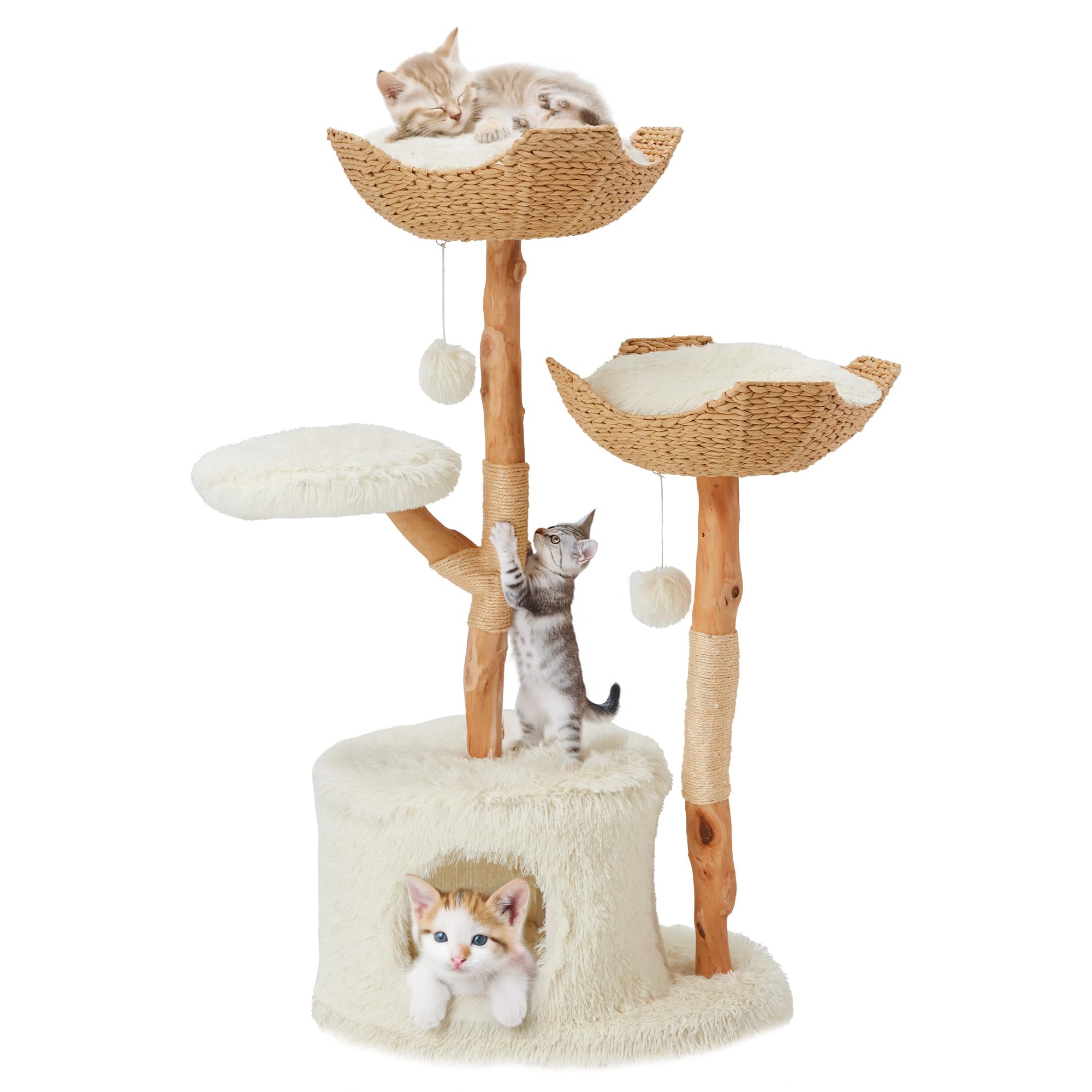 Wooden Modern Cat Tree with Jumping Platforms and 2 Cat Beds Luxury Cat Tree - Velvet White