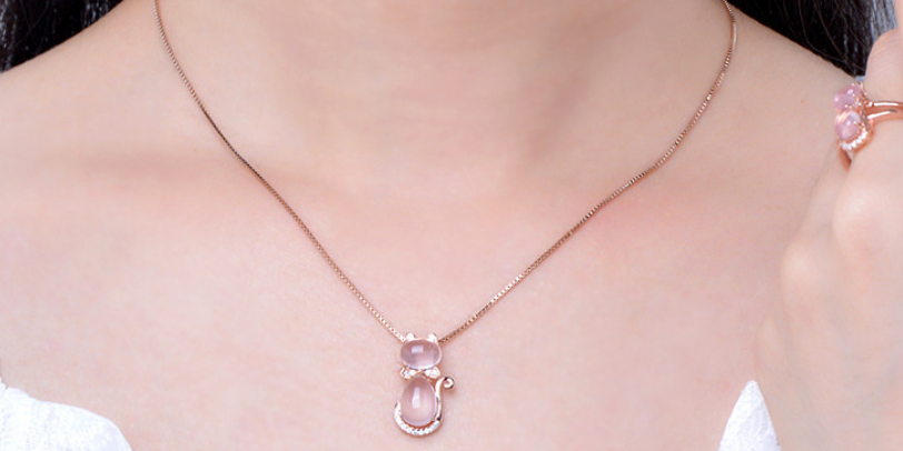 Rose Gold Cat Pendant with Natural Rose Quartz Necklace