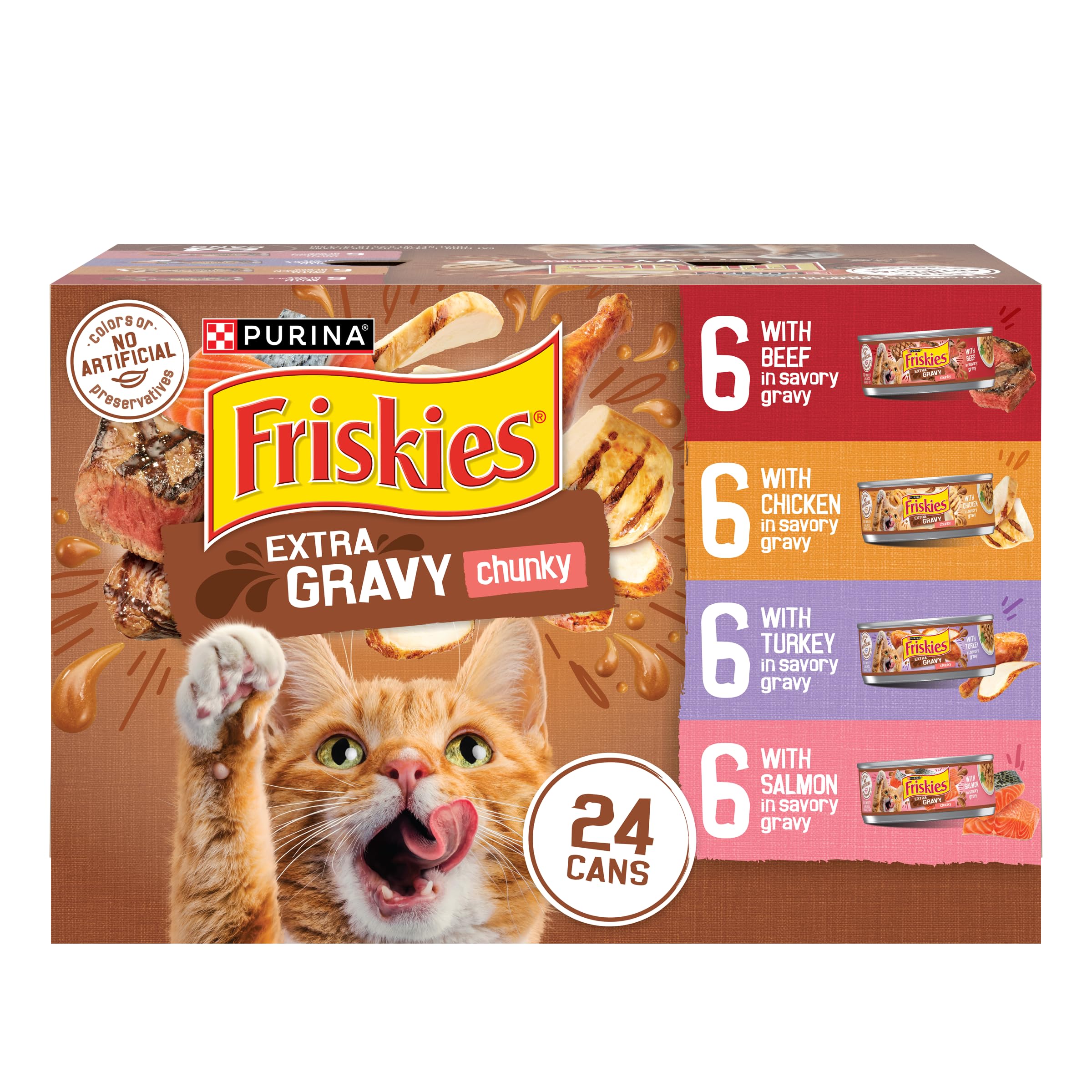 Purina Friskies Extra Gravy Wet Cat Food Variety Pack (With Chicken Turkey Salmon Beef) - (Pack of 24) 5.5 oz. Cans