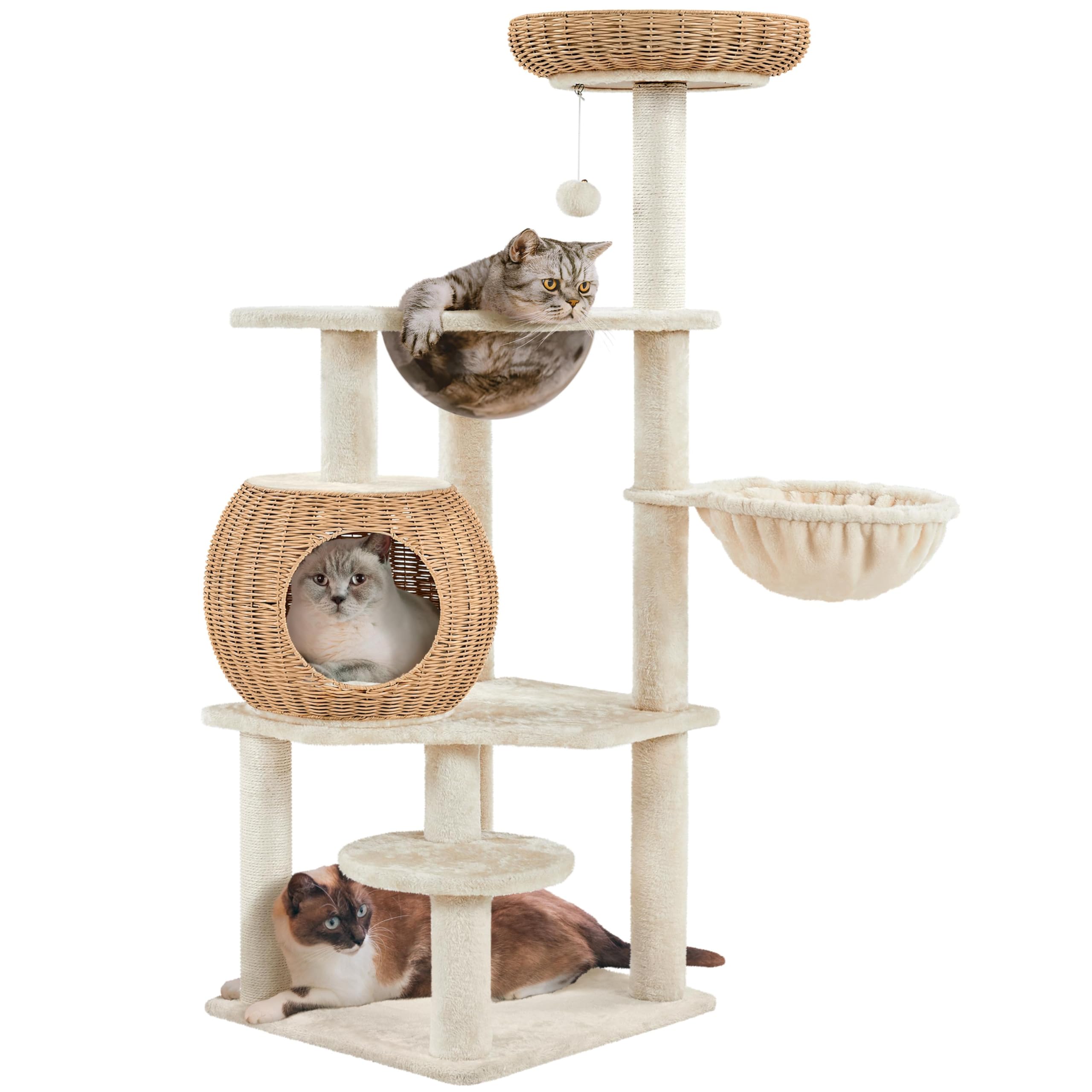 Rattan Retreat 54in Cat Tower with Cozy Condo & Clear Bowl