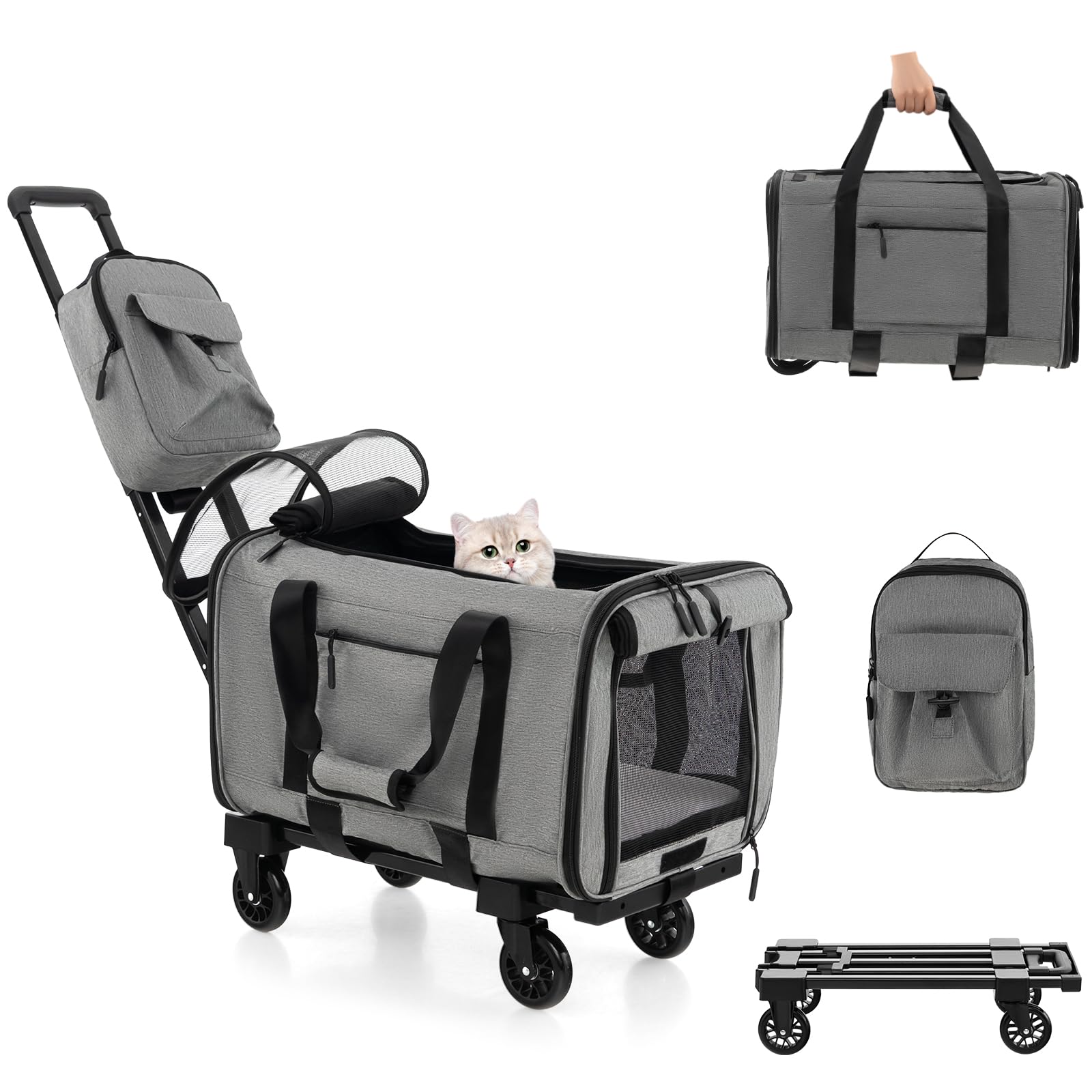 PETSITE 3-in-1 Cat Carrier with Wheels with Telescopic Handle (Grey)