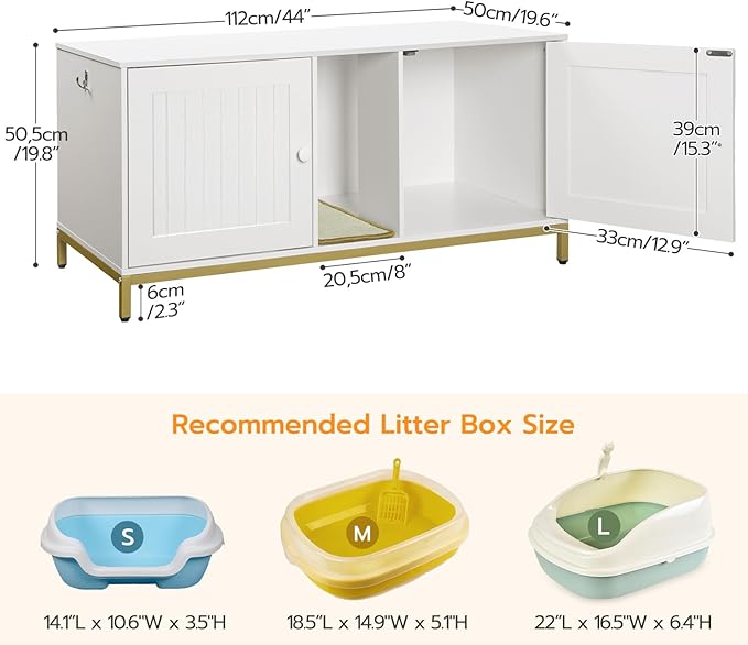 HOOBRO 44" Cat Litter Box Enclosure for 2 Cats Double Cat Litter Box Furniture Hidden Litter Box Enclosure White Gold DW20MW01