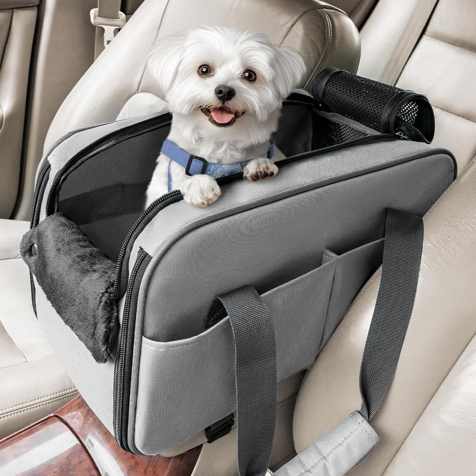 PETSFIT Multipurpose Console Cat/Dog Car Seat Airline Approved with Safety Tether and Pockets (Light Grey)