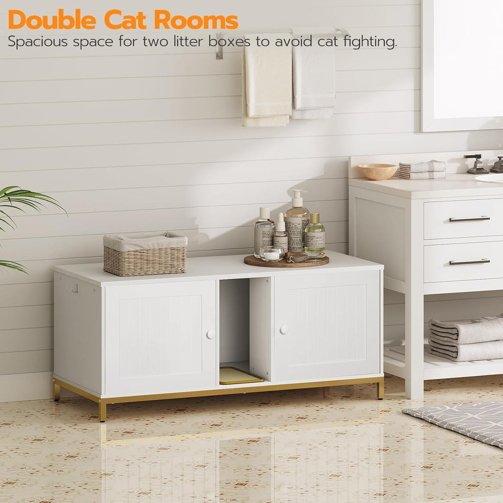 HOOBRO 44" Cat Litter Box Enclosure for 2 Cats Double Cat Litter Box Furniture Hidden Litter Box Enclosure White Gold DW20MW01