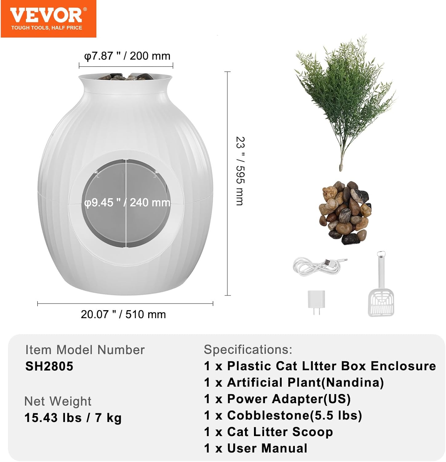 VEVOR Plant Litter Box Enclosed Cat Litter Box with Smart Odor Control System Hidden Litter Box with Detachable Door Curtain Scoop Lighting Decoration & Sturdy ABS Material for Indoor & Outdoor
