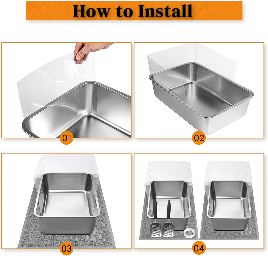 2 PCS Stainless Steel Cat Litter Box Extra Large Metal Litter Box with Plastic Shields Kitty Basic Litter Pan 23.6*15.8 with Metal Litter Scoopers Litter Mat