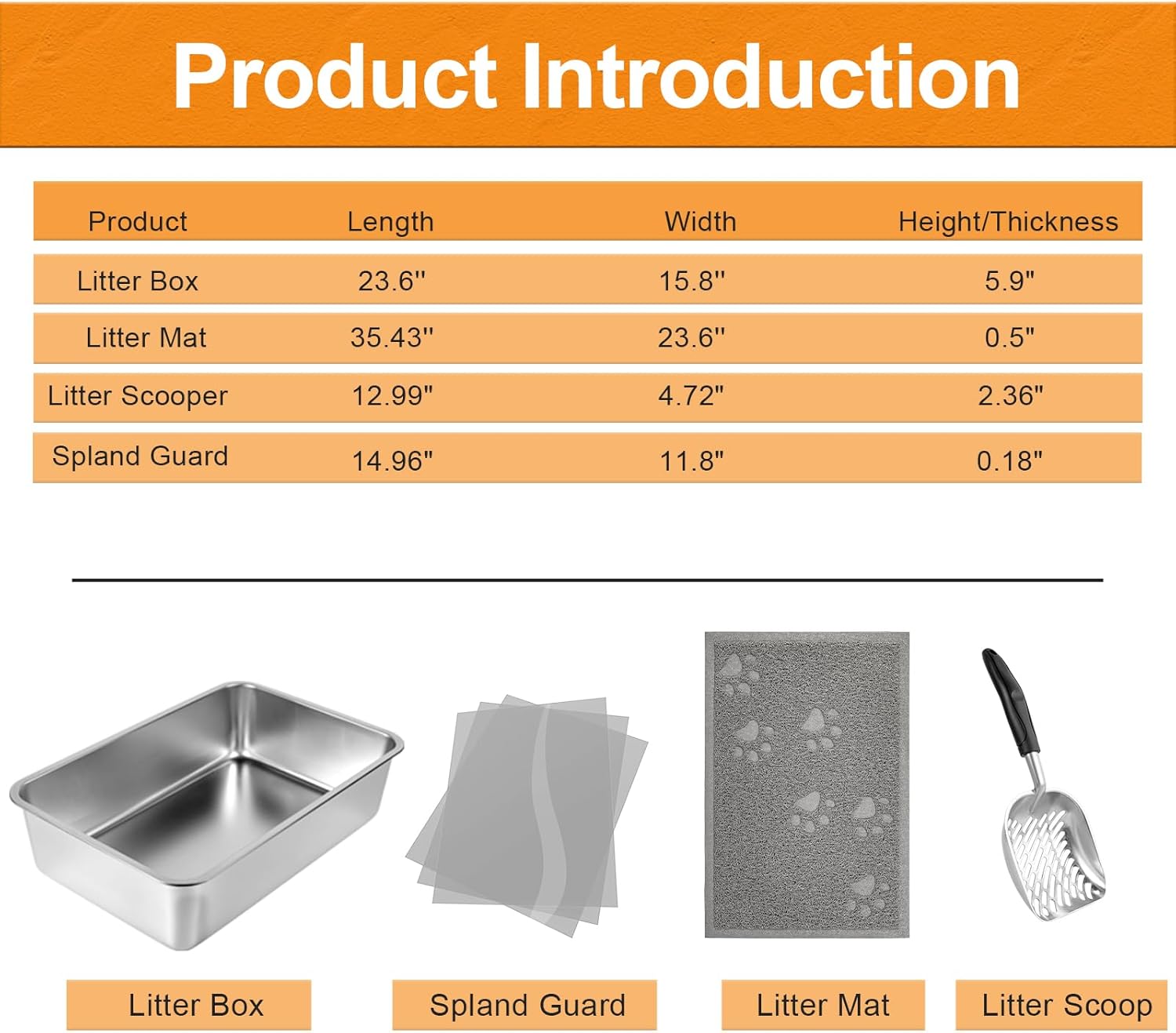2 PCS Stainless Steel Cat Litter Box Extra Large Metal Litter Box with Plastic Shields Kitty Basic Litter Pan 23.6*15.8 with Metal Litter Scoopers Litter Mat