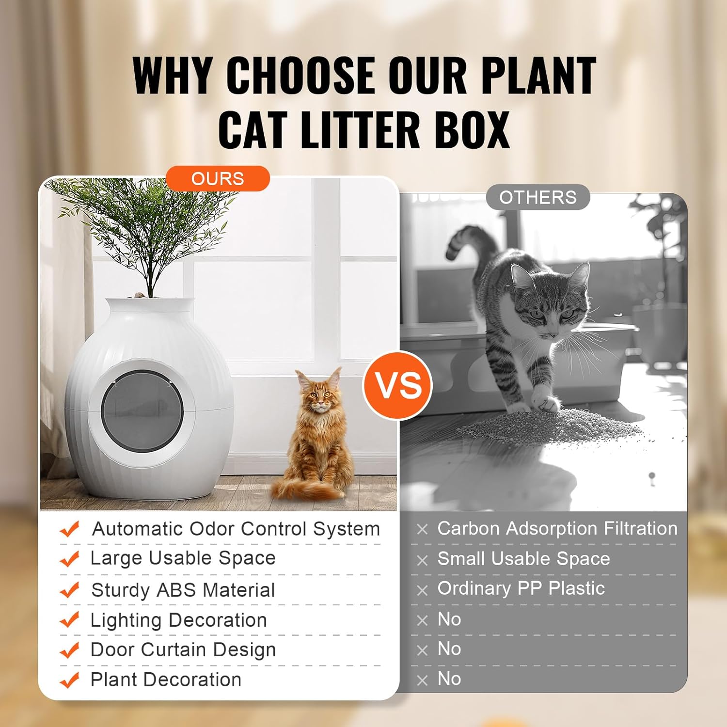 VEVOR Plant Litter Box Enclosed Cat Litter Box with Smart Odor Control System Hidden Litter Box with Detachable Door Curtain Scoop Lighting Decoration & Sturdy ABS Material for Indoor & Outdoor