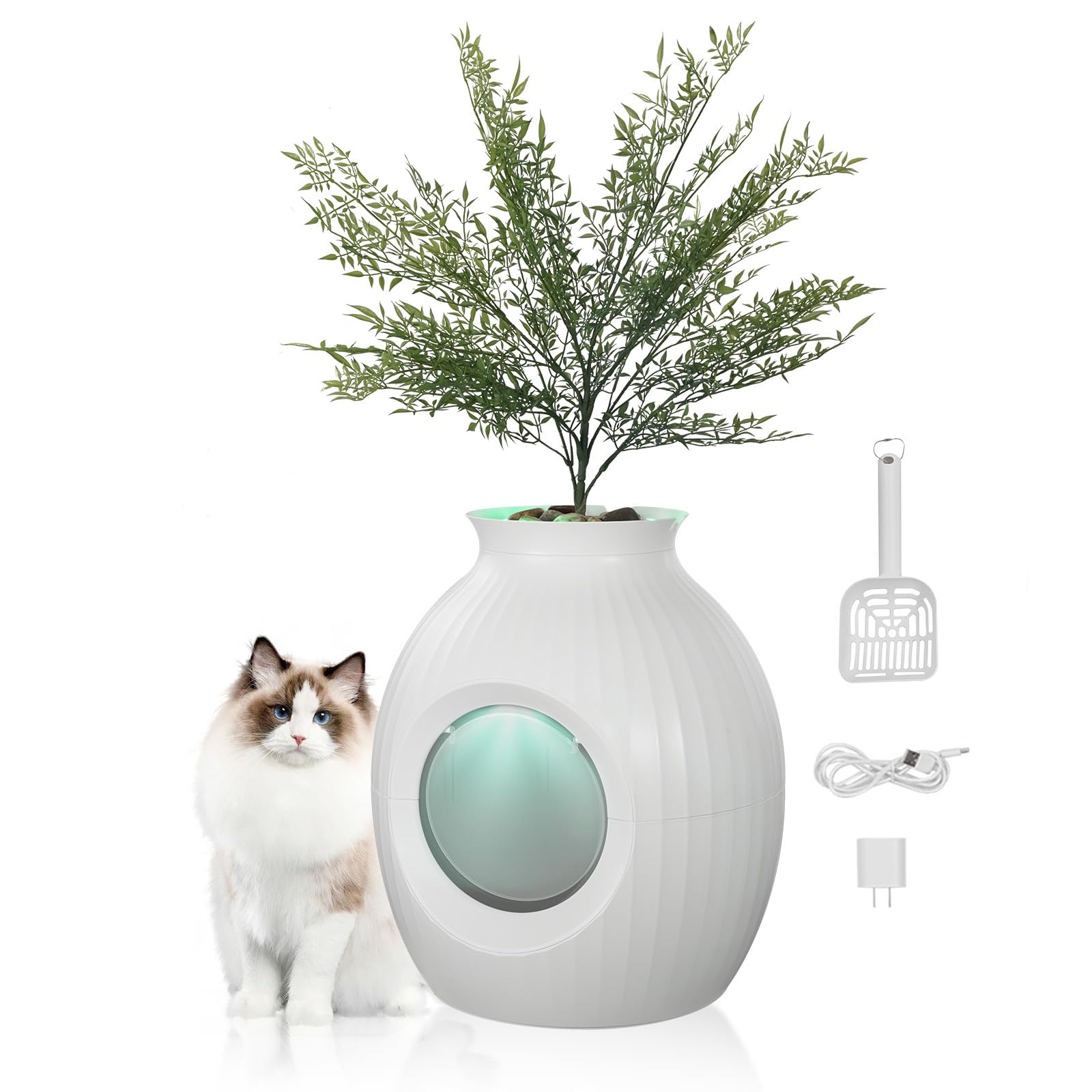 VEVOR Plant Litter Box Enclosed Cat Litter Box with Smart Odor Control System Hidden Litter Box with Detachable Door Curtain Scoop Lighting Decoration & Sturdy ABS Material for Indoor & Outdoor