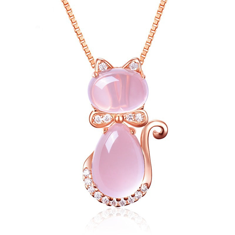 Rose Gold Cat Pendant with Natural Rose Quartz Necklace