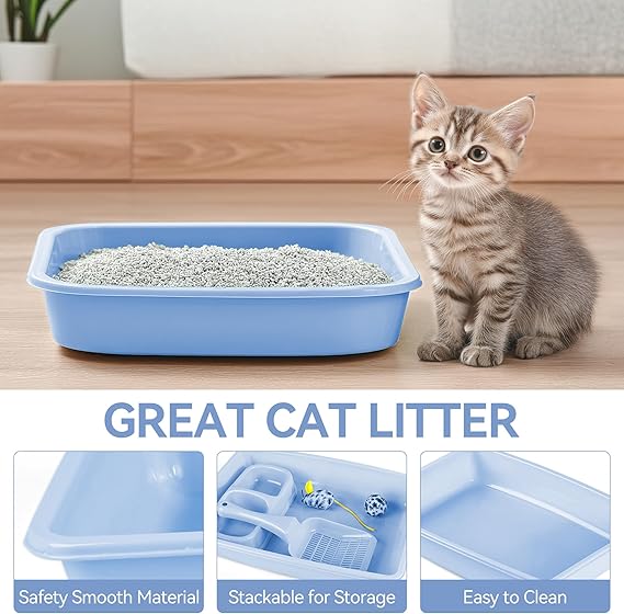 PAWISE Cat Litter Box Kitten Litter Box with Cat Litter Scooper Cat Bowls Cat Mouse Toy and Cat Ball Toy Kitten Starter Kit Blue