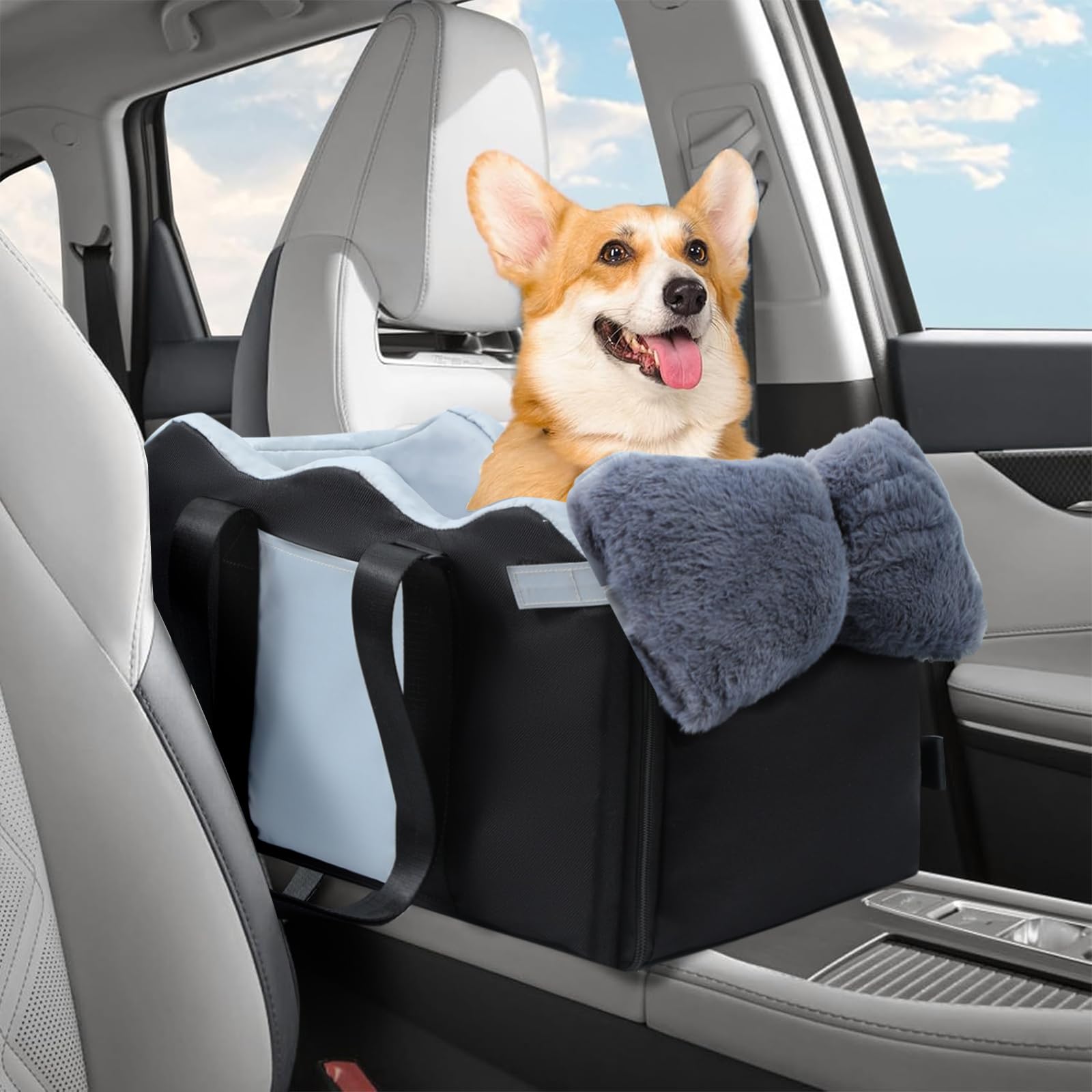 Center Console Cat/Dog Car Seat with Soft Cushion Safety Belt (Black)
