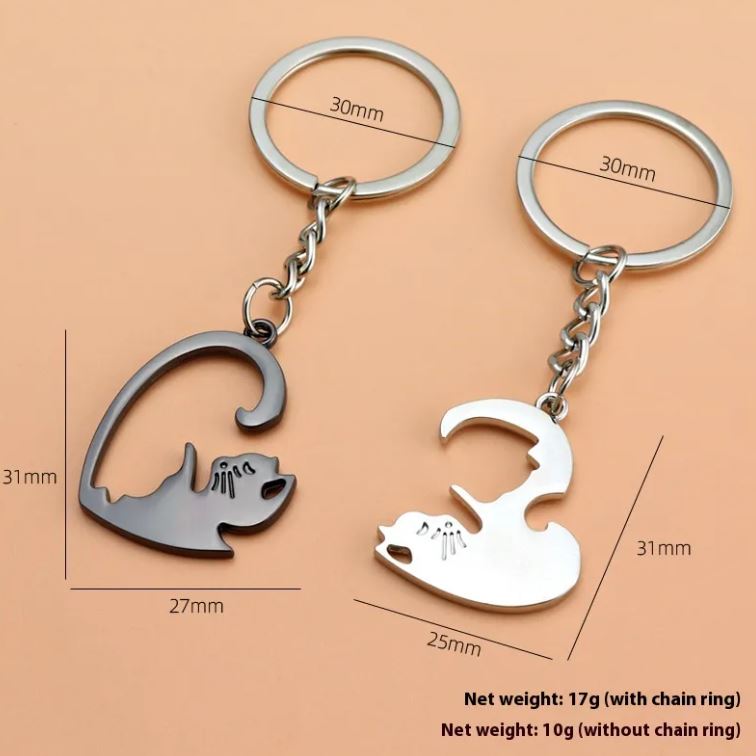 Cat Lovers Heart Keychain Pendant Double