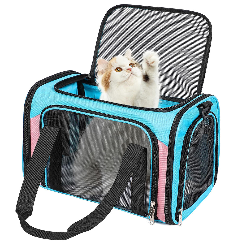 Discala Cat Carrier Up to 15 Lbs TSA Airline Approved Pet Carrier for Small Medium Cats - Blue&Pink 17"x11"x11"