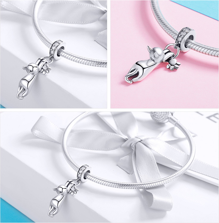 Charming Cat Pendant, S925 Silver with Zirconia Beads