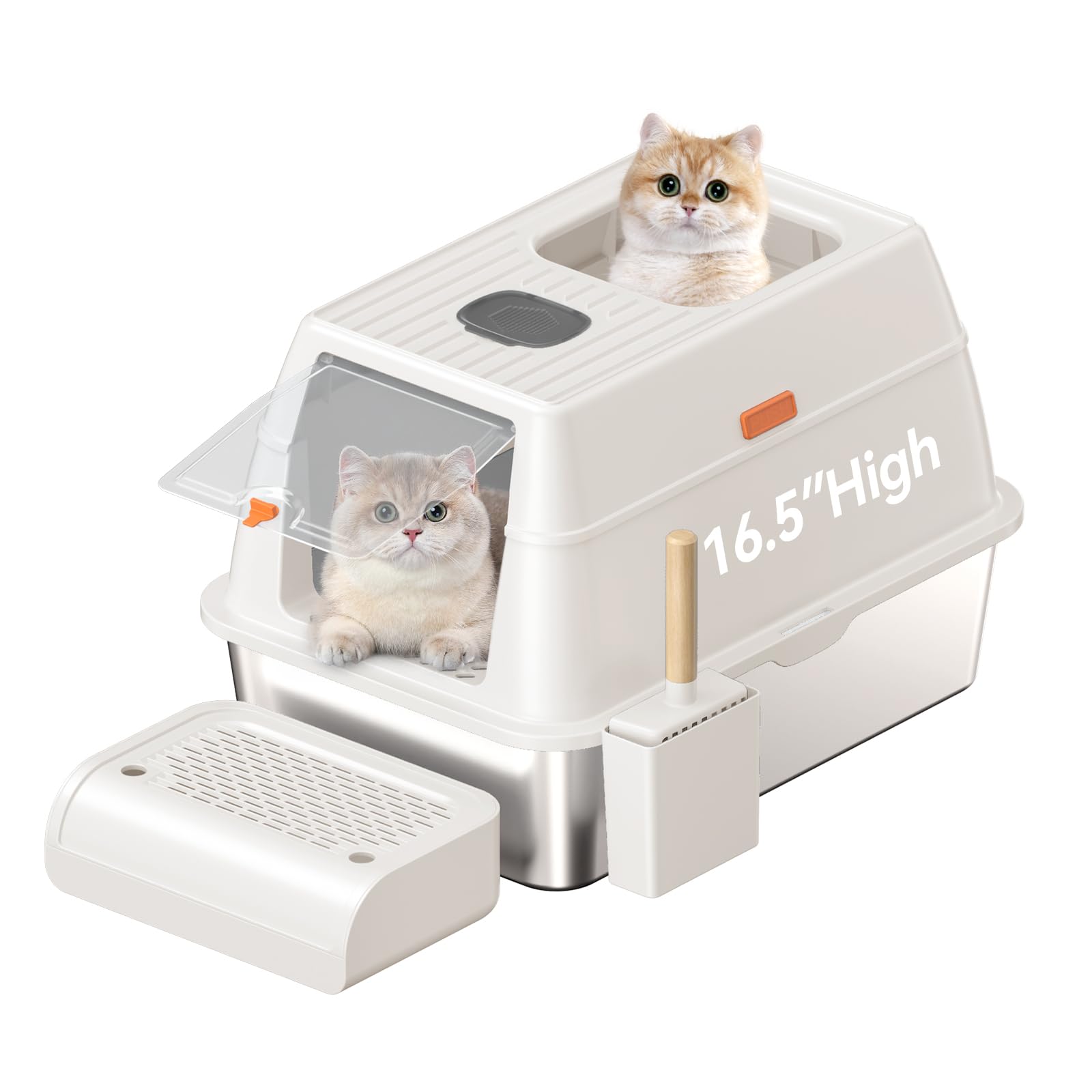 Stainless Steel Cat Litter Box with Lid XL Extra Large Litter Box for Big Cats Enclosed Removable Metal Litter Box with High Sided Enclosure & Scoop Anti-Leakage Non-Sticky Easy Cleaning