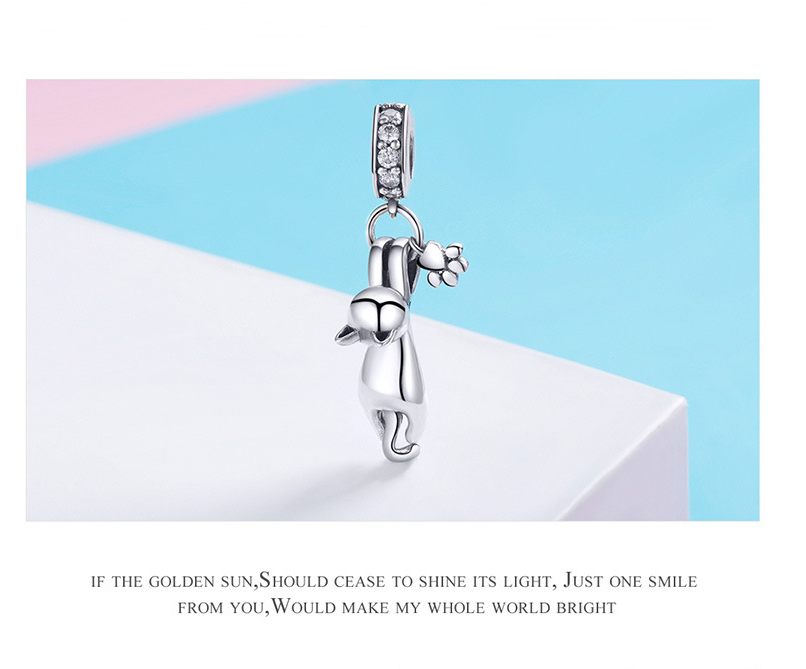 Charming Cat Pendant, S925 Silver with Zirconia Beads