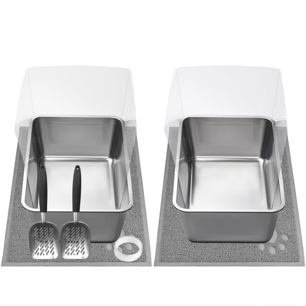 2 PCS Stainless Steel Cat Litter Box Extra Large Metal Litter Box with Plastic Shields Kitty Basic Litter Pan 23.6*15.8 with Metal Litter Scoopers Litter Mat