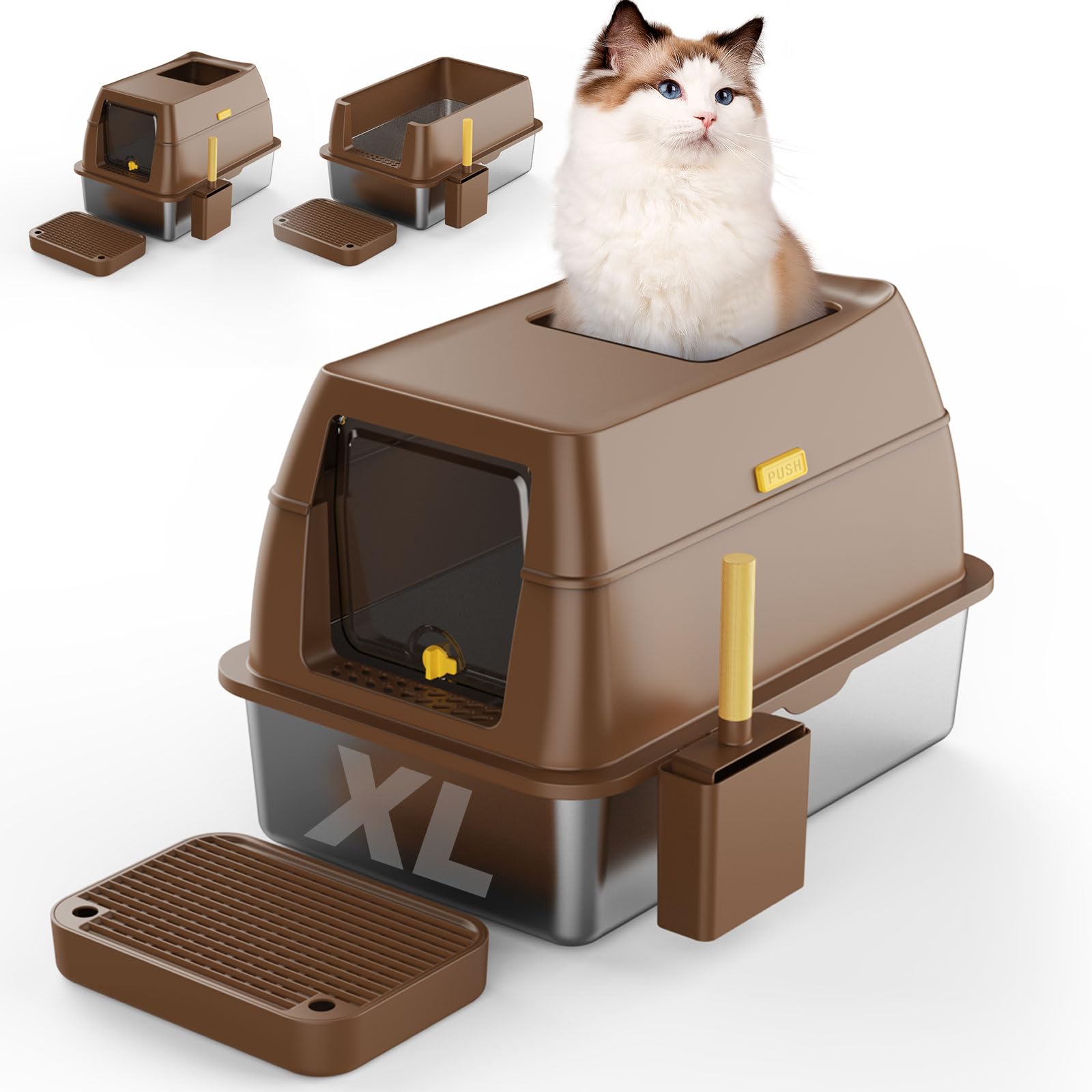 Stainless Steel Litter Box with Lid XL with Litter Scoop and Step