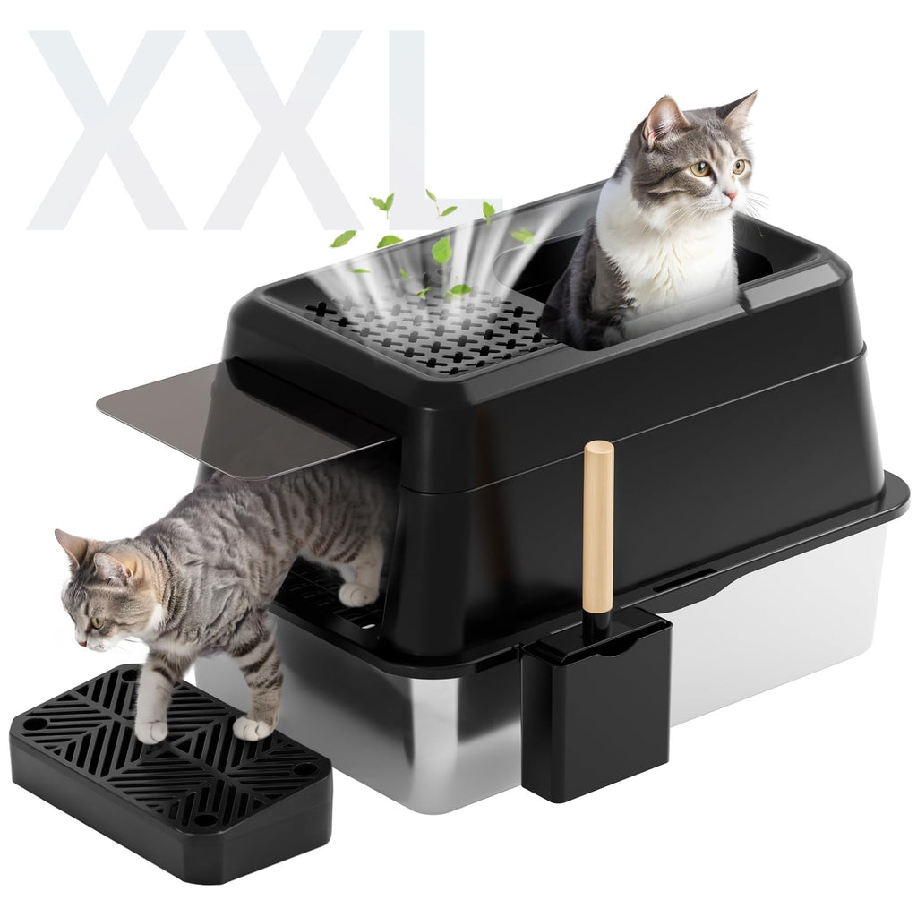 FRETONBA XL Stainless Steel Cat Litter Box with with Foot Pedal/Litter Scoop(Black)