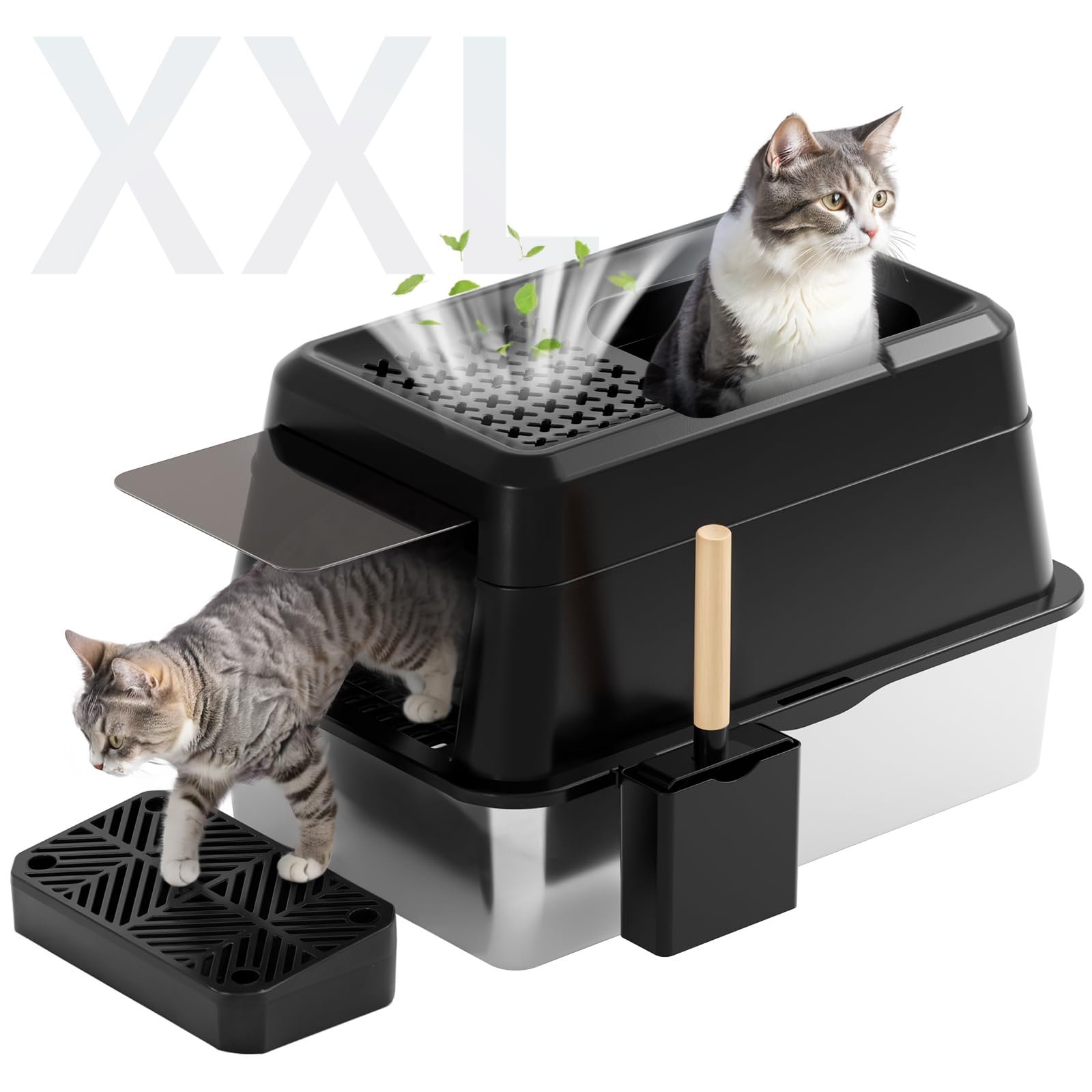 FRETONBA XL Stainless Steel Cat Litter Box with with Foot Pedal/Litter Scoop(Black)