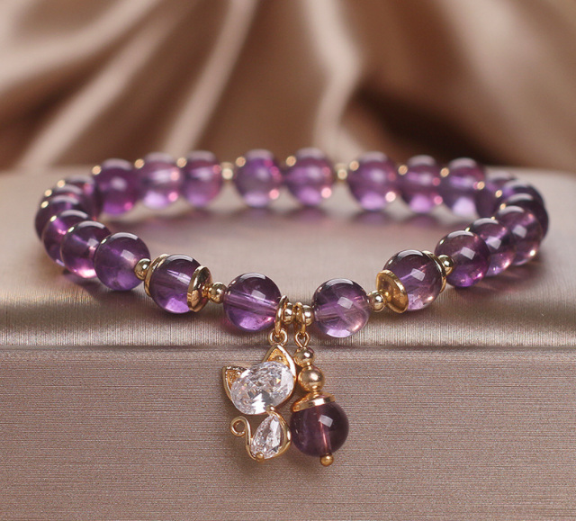 Natural Amethyst Cat Pendant Bracelet for Women