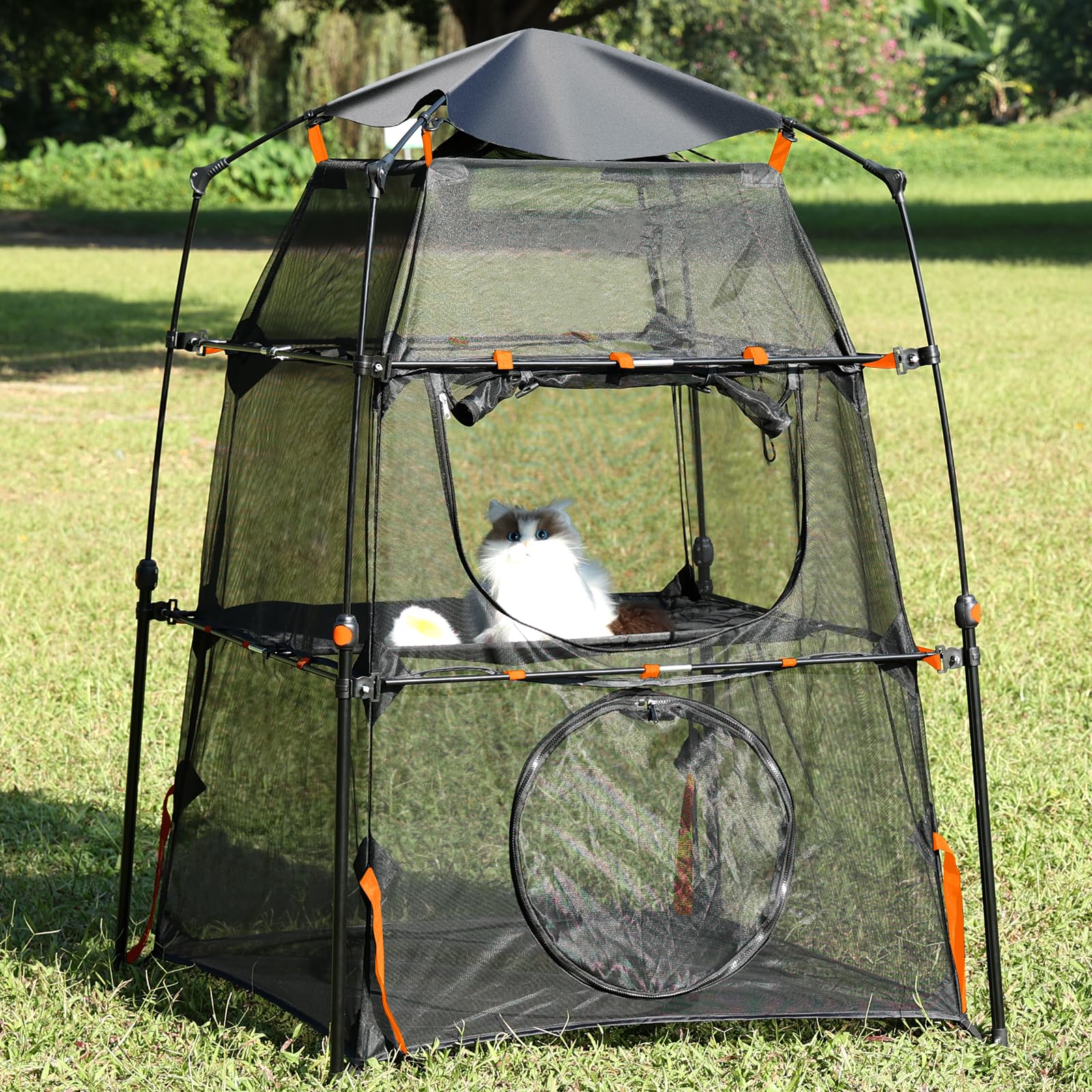 Wilwolfer Cat Tower Tent Indoor and Outdoor 2 Doors and 3 Tiers Breathable Mash Cat Tent with Adjustable Harness Leash