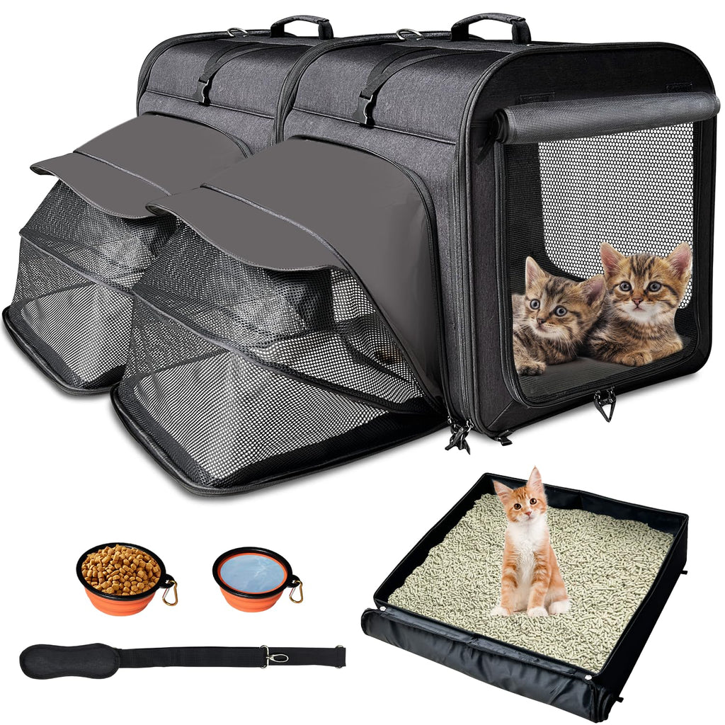 Large Cat Carrier Catwith Litter Box - for 2 Cats with Foldable Bowl/Mats/Tent Stakes