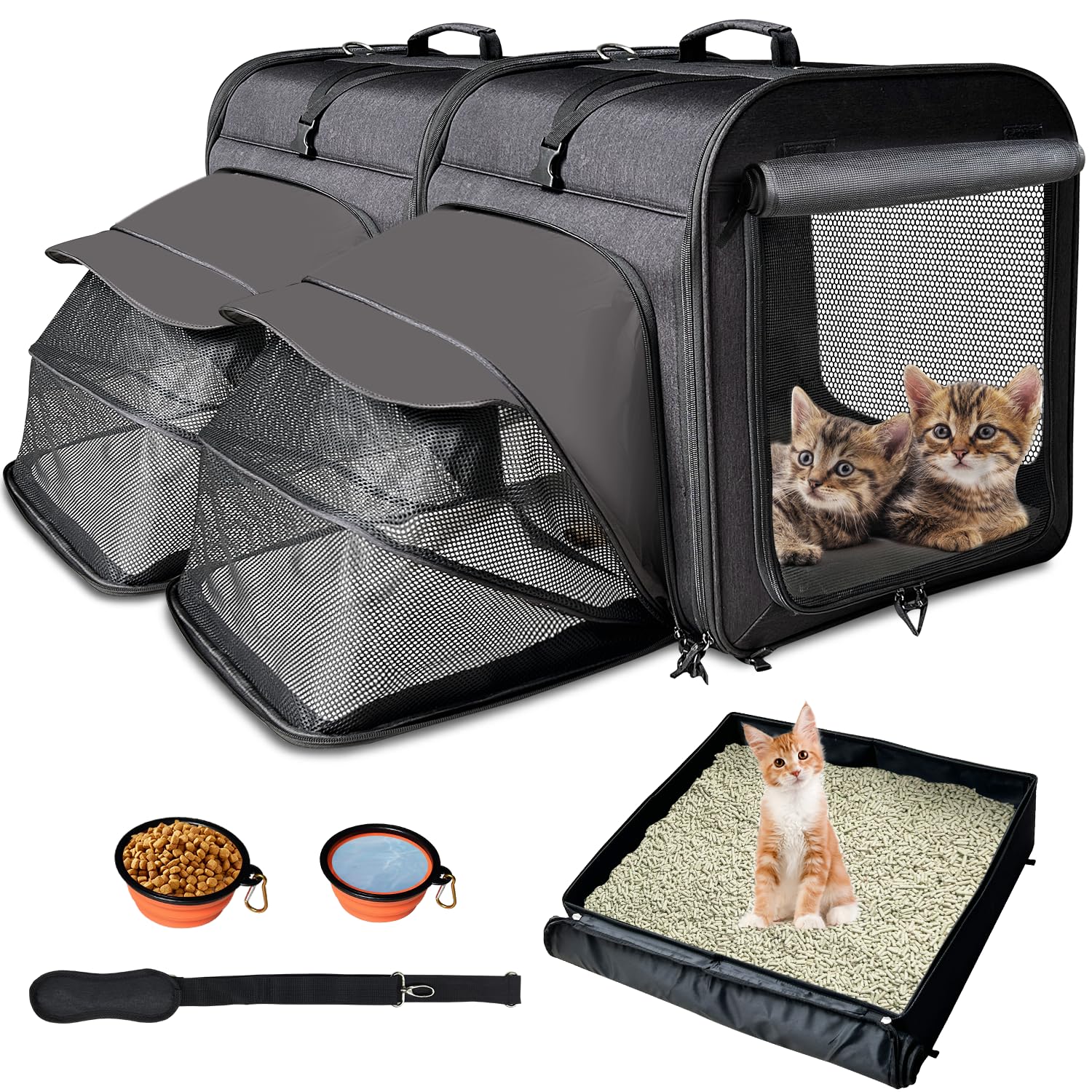 Large Cat Carrier Catwith Litter Box - for 2 Cats with Foldable Bowl/Mats/Tent Stakes