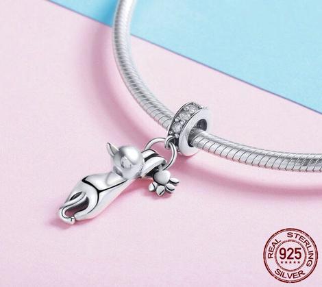 Charming Cat Pendant, S925 Silver with Zirconia Beads