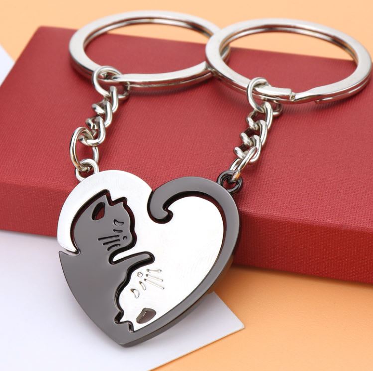 Cat Lovers Heart Keychain Pendant Double