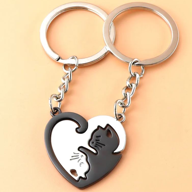 Cat Lovers Heart Keychain Pendant Double