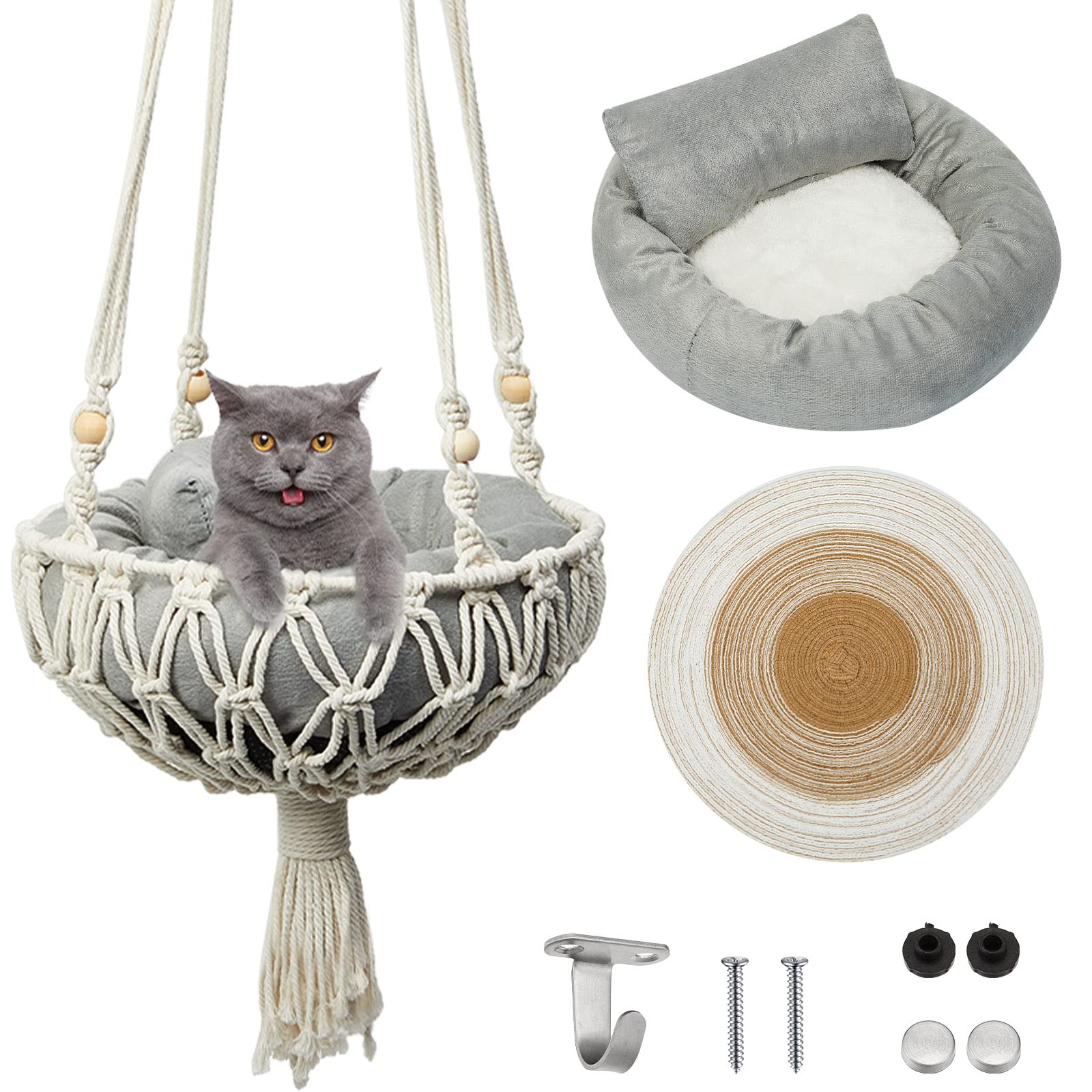 Juexica 3 Pcs Macrame Cat Hammock Including Boho Hanging Cat Bed (Cute Style40 x 12 Inch)