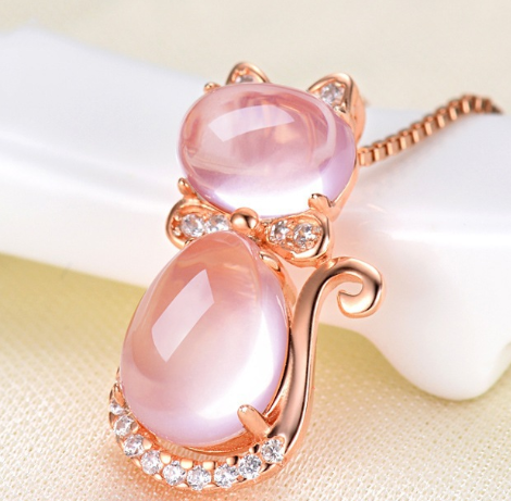 Rose Gold Cat Pendant with Natural Rose Quartz Necklace
